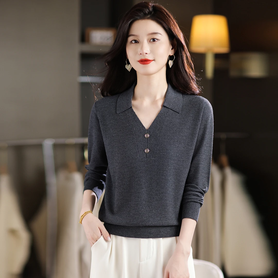 品牌大码女装秋冬新款翻领上衣女polo衫宽松显瘦针织衫百搭打底衫