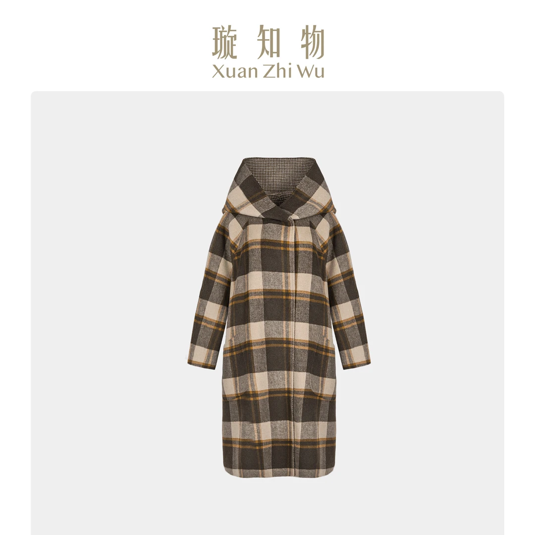 冬季格纹毛呢风采帽大衣 复古潮流轻奢王璇原创设计