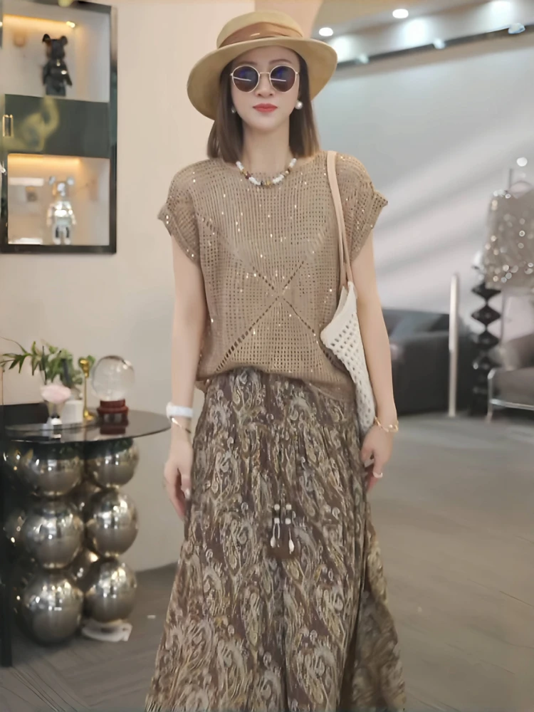 Y957#夏季穿搭一整套女设计感针织短袖配气质显瘦半身裙两件套