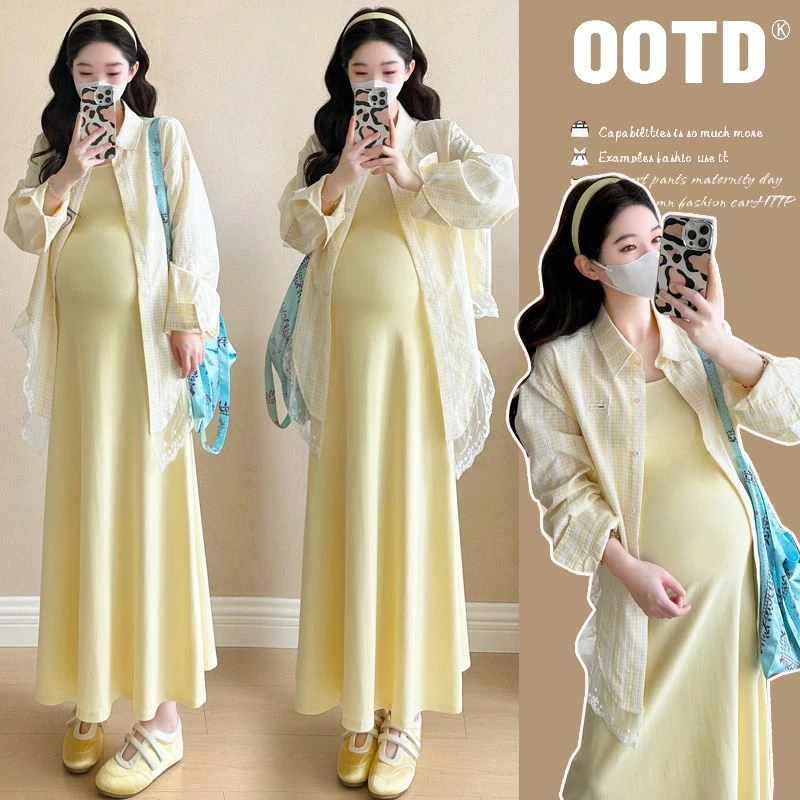 【枫丽】2025夏季新款孕妇法式穿搭蕾丝拼接防晒衬衫吊带长裙连衣裙