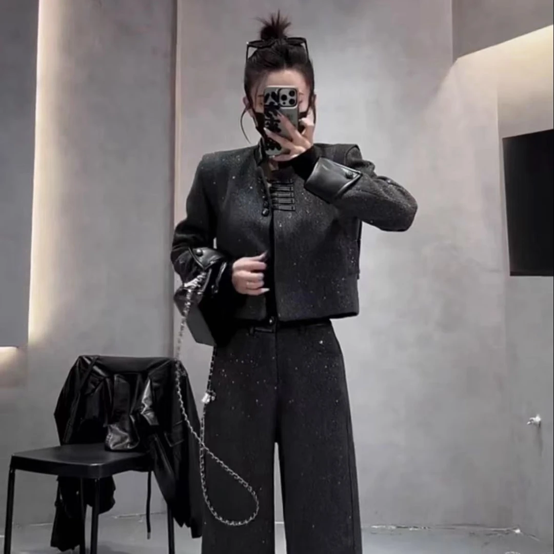 2025春秋冬新款唐装中式国潮风时尚套装女呢外套加棉阔腿裤两件套