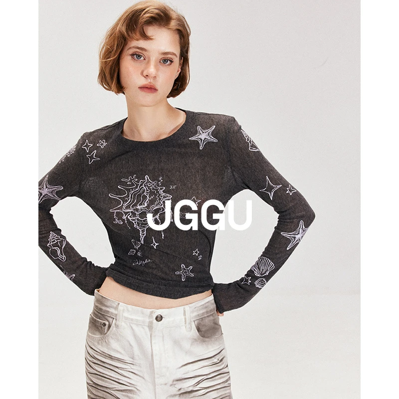 JGGU【千禧街头】千禧复古感满印趣味手绘气质薄透感小衫JG12250011