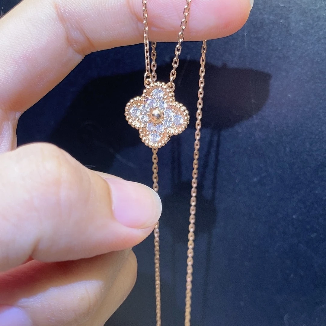 项链钻石18K金镶嵌中号四叶草k玫