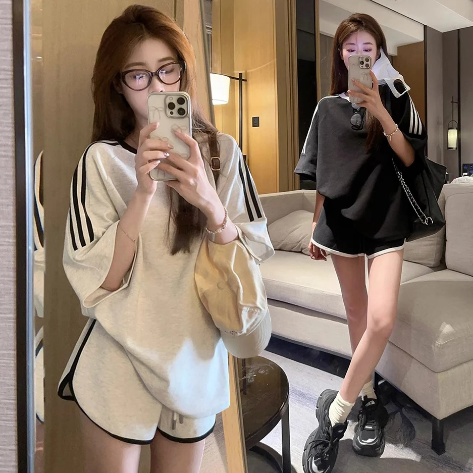 韩版时尚运动孕妇套装夏装薄款宽松短袖T恤美式短裤休闲两件套ins