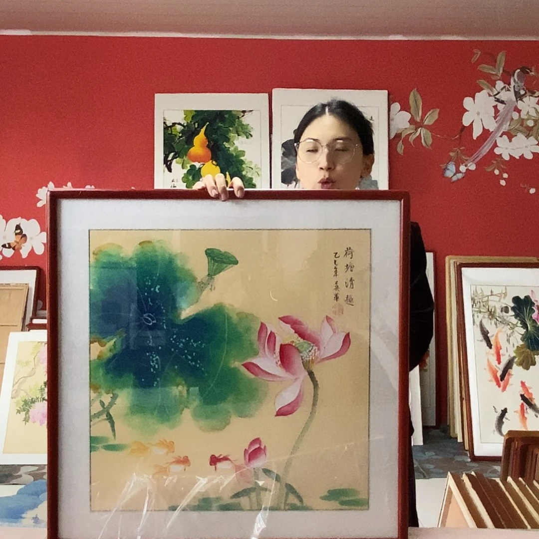 国画手写手绘国画作品带框包邮62✖️62