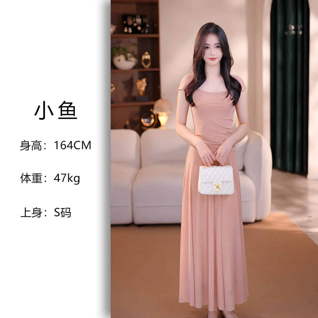 粉影柔纱夏季新款法式连衣裙短袖长裙连衣裙裙子晚轻奢收腰