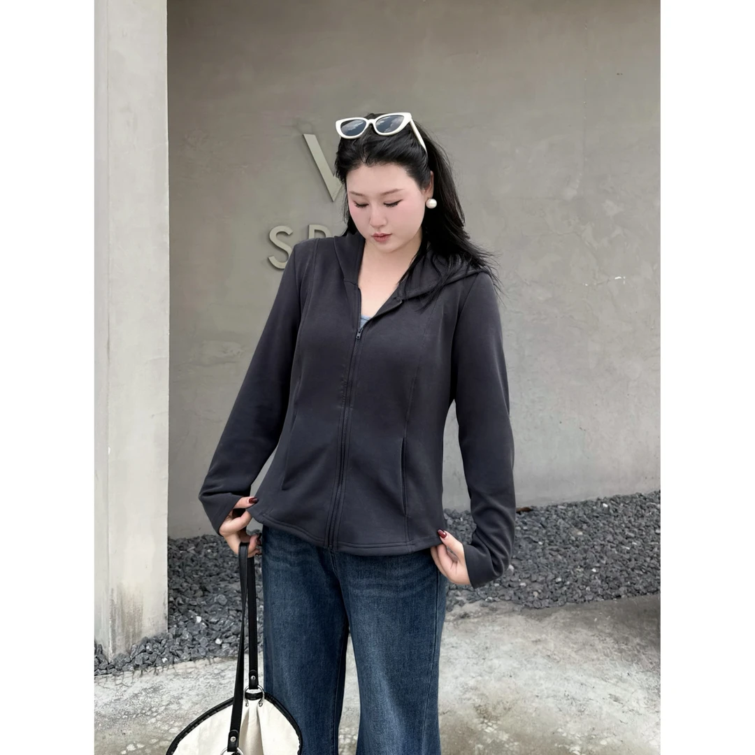可露露~2025秋新款胖mm显瘦修身连帽卫衣女百搭上衣休闲开衫6665