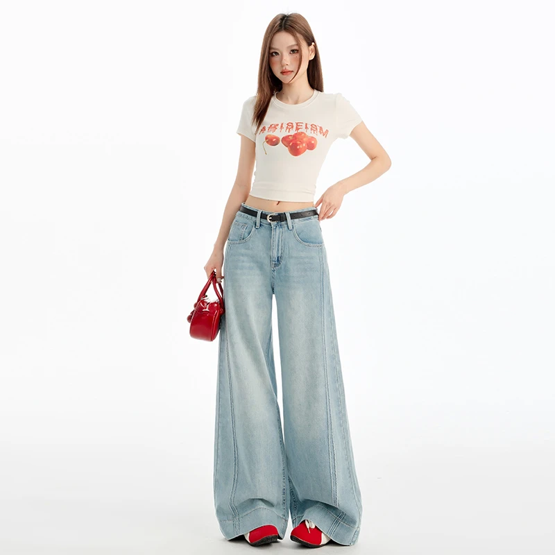 2025冰川蓝莱塞尔面料压线设计阔腿牛仔裤女春季宽松气质