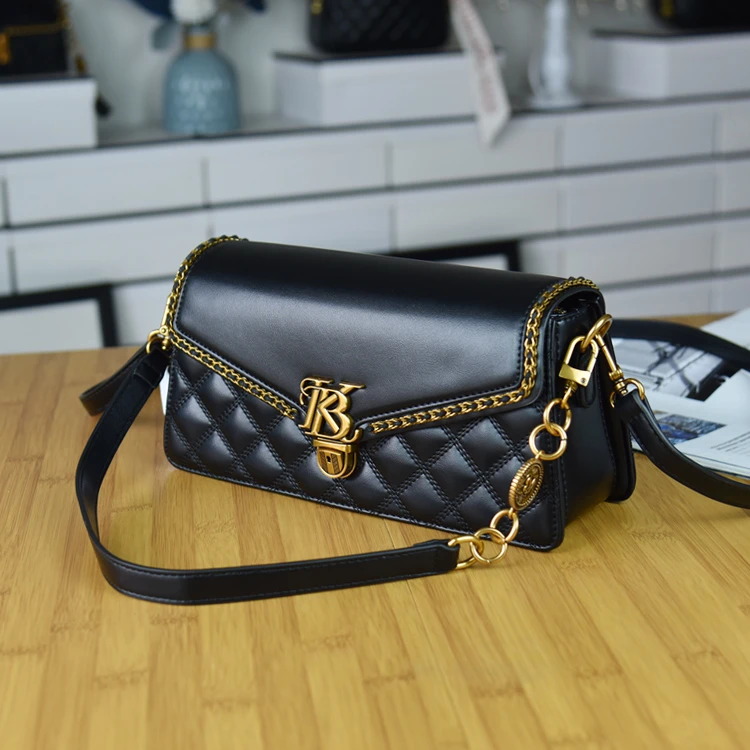 香港品牌正品真皮高级时尚小香风菱格链条包单肩腋下包百搭法棍包