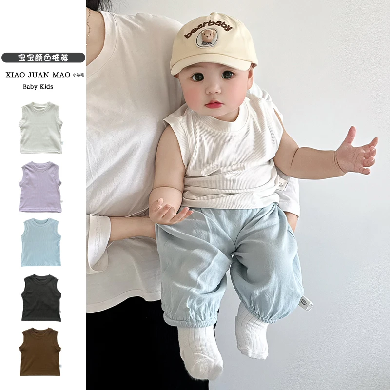 T24X106 新款男女宝小背心儿童上衣童装女童宝宝夏季纯色无袖薄款