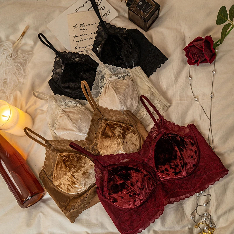 语萱娜【80-220斤】法式丝绒蕾丝性感聚拢固定杯大码内衣女AXMB005