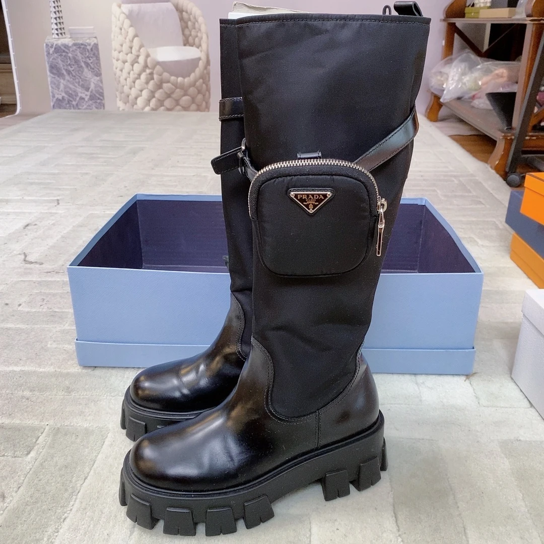 95新 Prada/普拉达 麦殿/高筒鞋子黑色39码/250302XLH9Q01
