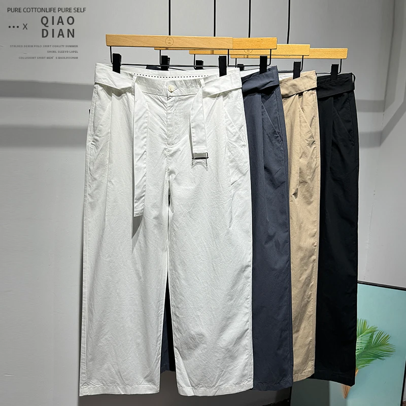 百搭简约时尚潮流风宽松设计个性系带长裤春季商务男士直筒休闲裤