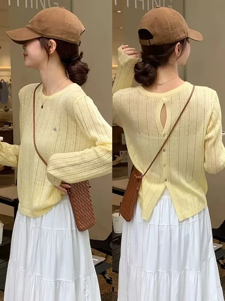 设计感后背单排扣镂空薄款长袖针织衫女春夏新款纯色气质时尚百搭