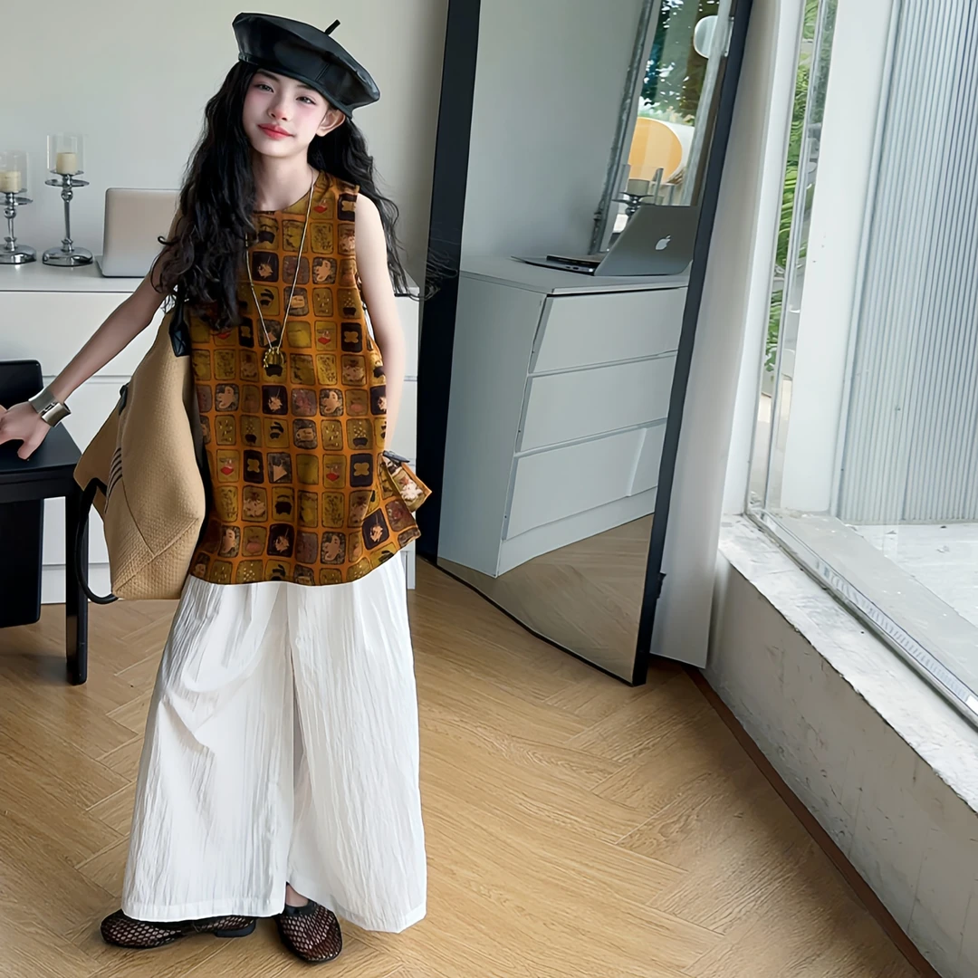 女童夏季高级感复古港风套装2025新款女孩无袖背心儿童夏装阔腿裤