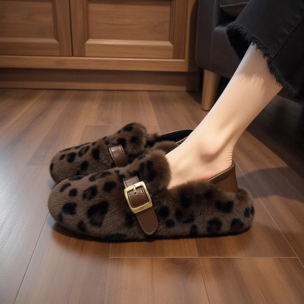 豹纹软底水貂绒毛毛鞋女冬季外穿保暖加绒一脚蹬配裙子豆豆鞋棉鞋