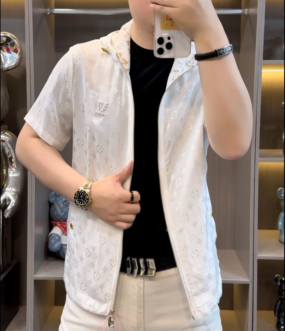 1138夏季中国风白色短袖薄款连帽提花宽松型上衣拉链T恤