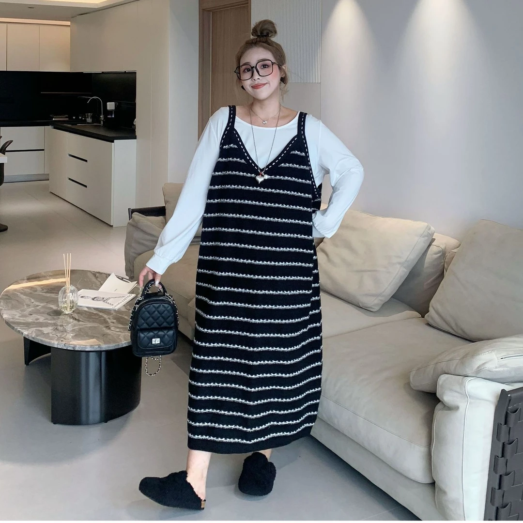 媛子大码韩系条纹吊带裙设计感显瘦气质时尚百搭叠穿宽松休闲