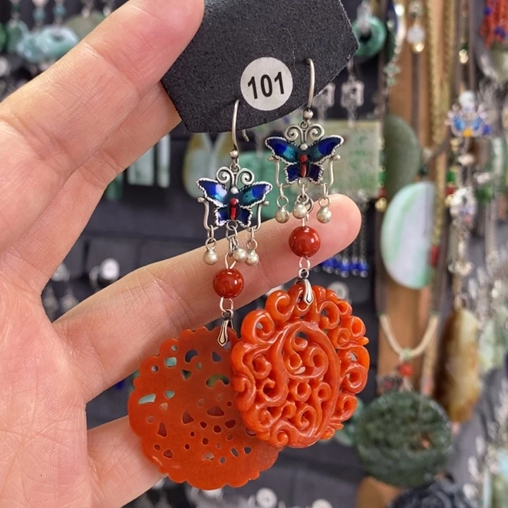 翡翠耳饰银S925镶嵌莫****5烧红翡耳坠X33