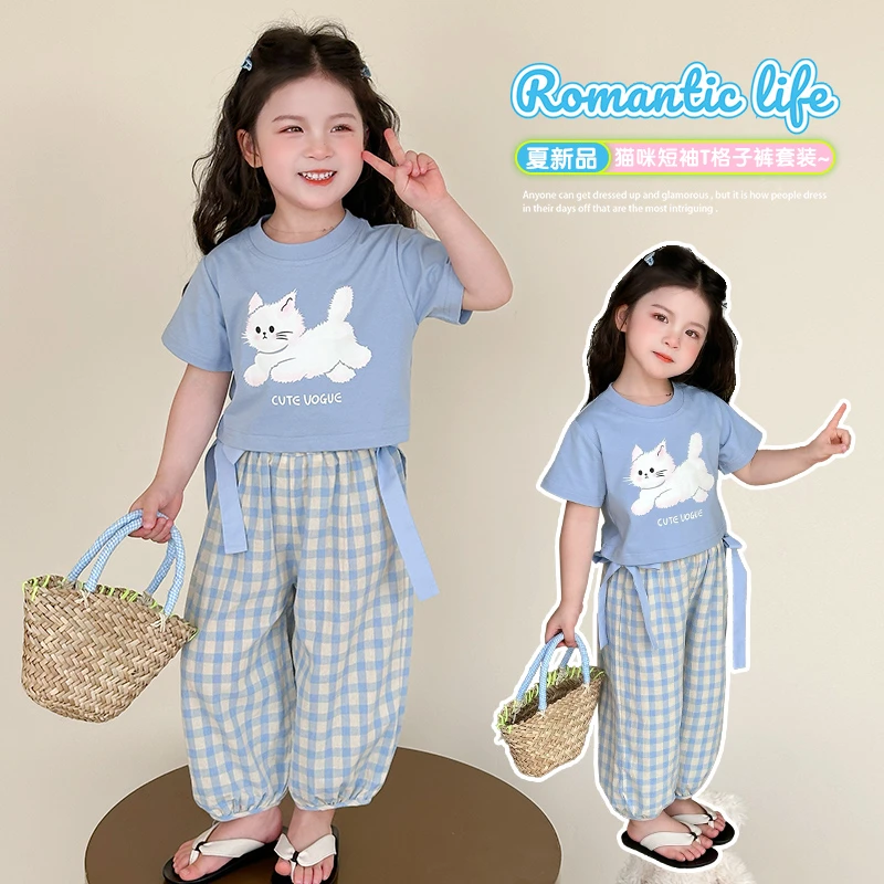 儿童夏装洋气女宝宝短袖猫咪套装可爱女宝宝T恤格子裤两件套小童