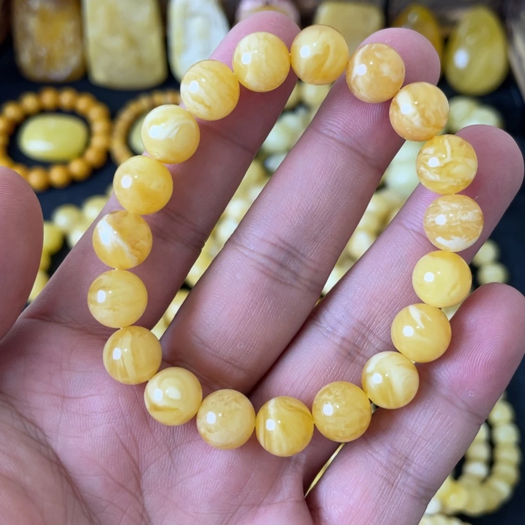 琥珀未镶嵌手串10+俄料妖白花圆珠手串（微瑕）