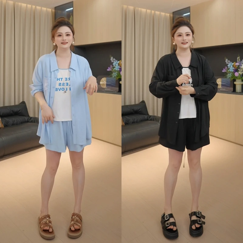 【胖佳佳】现货~轻松出街 长袖衬衫短裤背心休闲三件套H625A06627