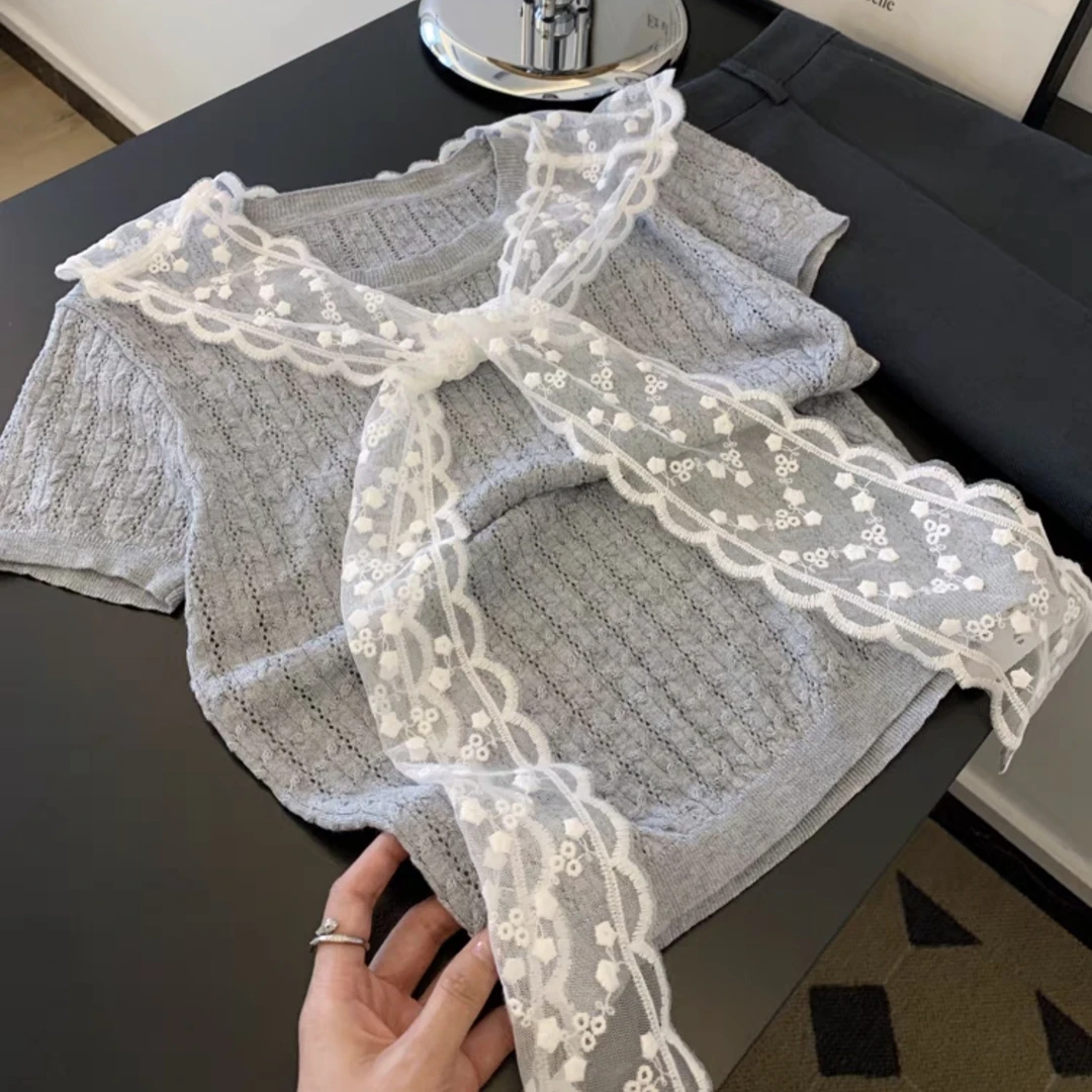2025灰色配蕾丝披肩针织衫短袖t恤女夏季新款小个子短款正肩上衣