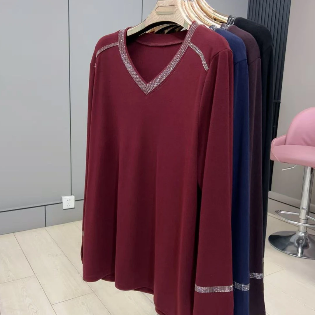 潮流时尚大码镶钻长袖圆领拼色烫钻V领T恤保暖打底衫百搭休闲