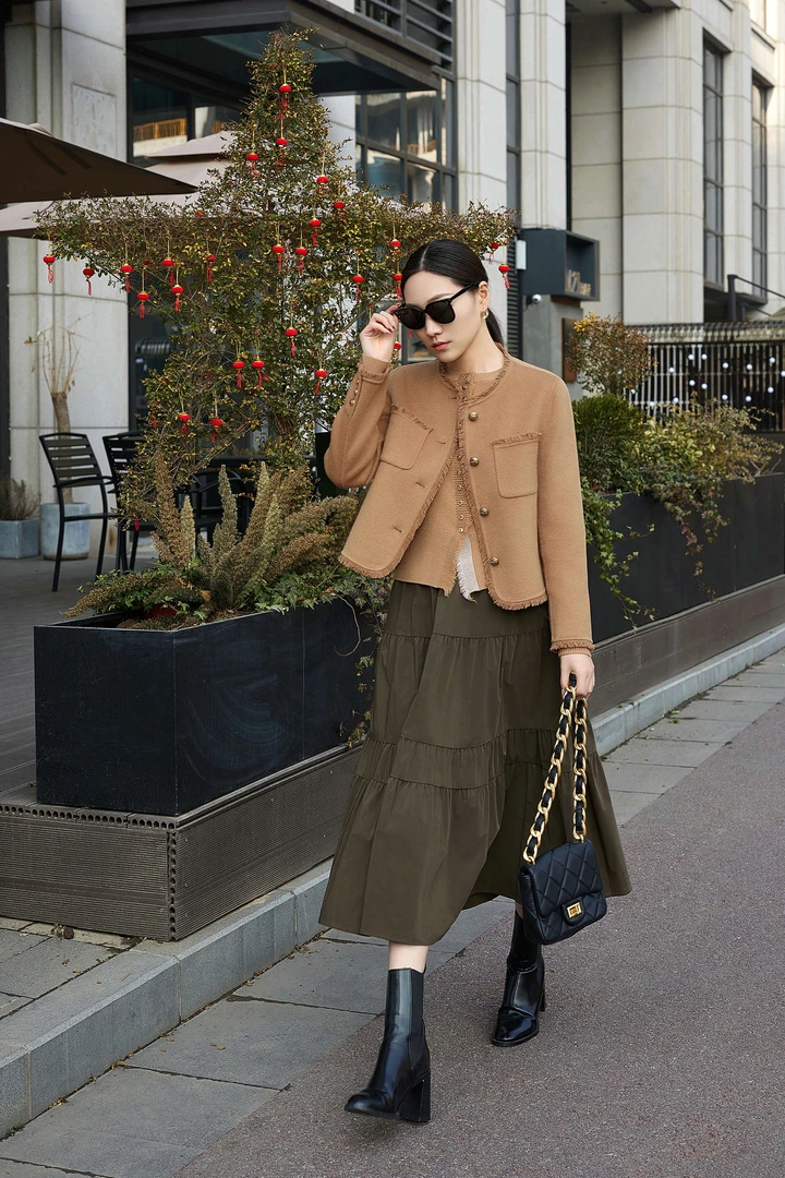 YUNSHUO短款大衣女时尚毛边百搭毛呢外套495019