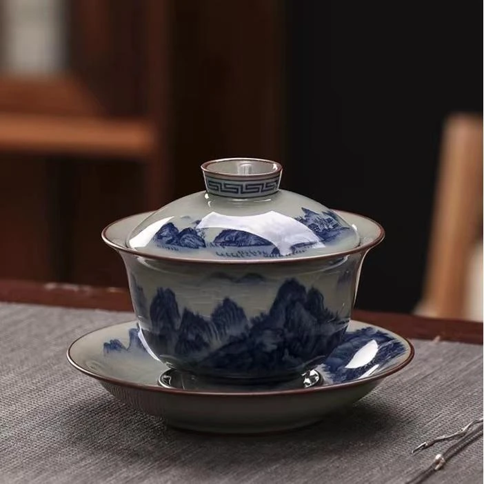 景德镇手绘山水干里江山陶瓷盖碗套装手工三才茶碗茶杯子单个防烫