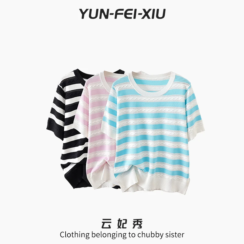 云妃秀大码女装T恤时尚韩版减龄条纹针织衫微胖显瘦上衣夏季8801