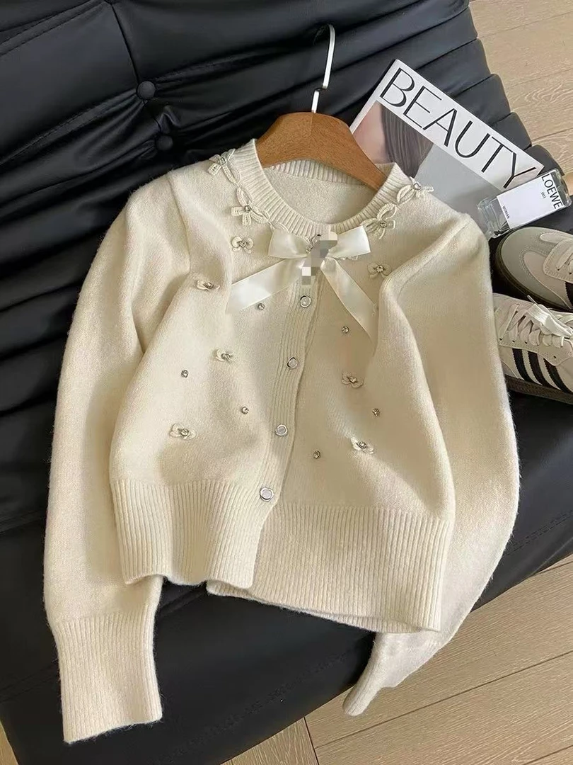 法式小香风重工钉珠蝴蝶结针织开衫男女秋冬甜美软糯百搭毛衣外套