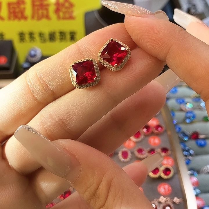 耳饰银S925镶嵌红宝石