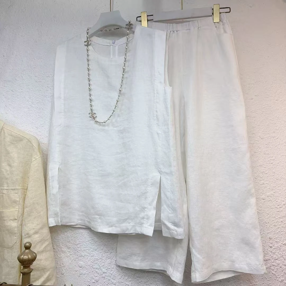 新款亚麻坎袖八分裤套装  简约气质