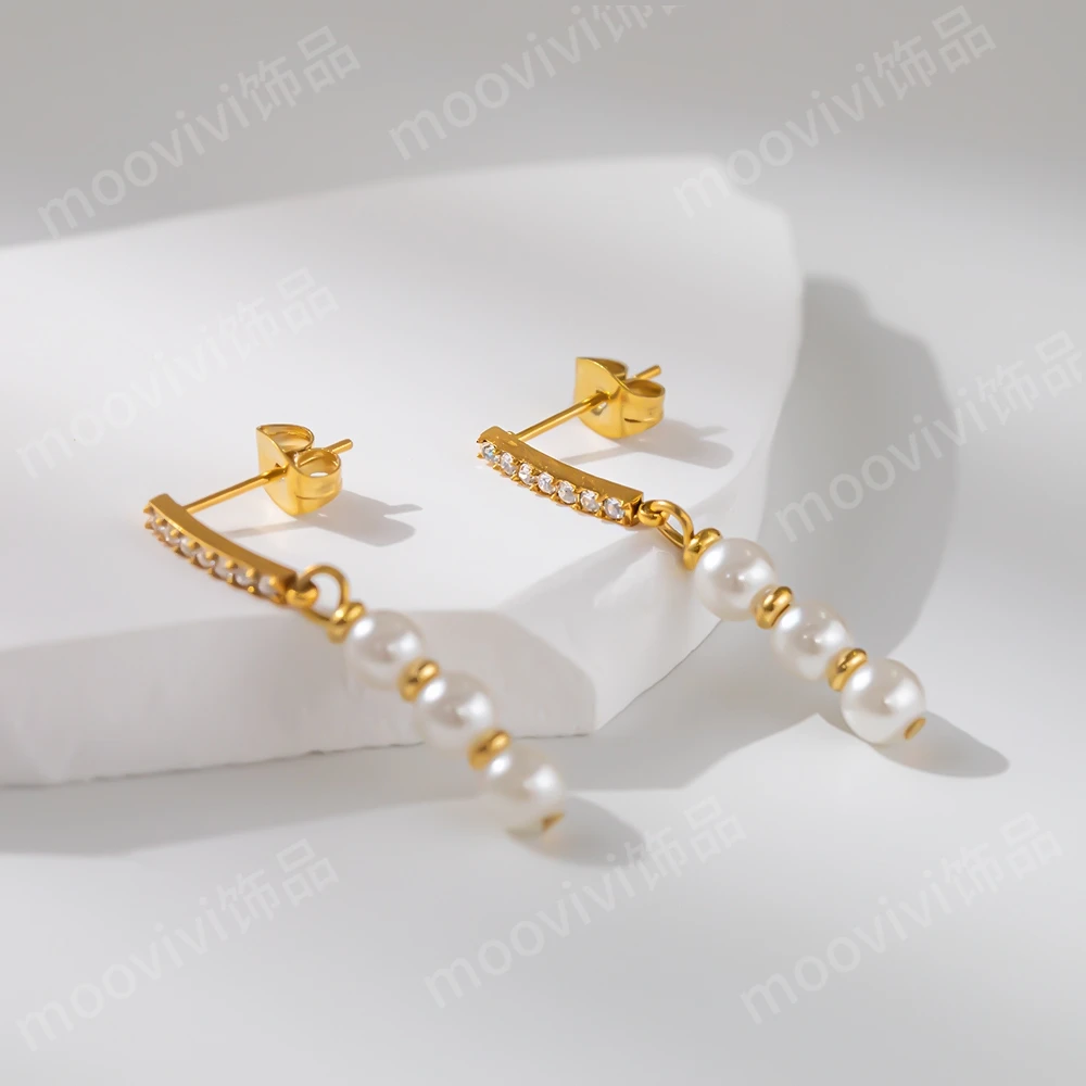 钛钢仿珍珠耳饰 法式珠宝白色设计师小众耳环简约女长款轻奢ins