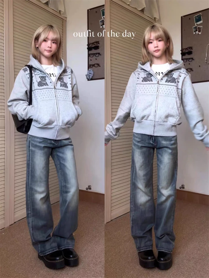 美式复古高街灰色连帽开衫卫衣女春秋款宽松韩系慵懒风百搭外套