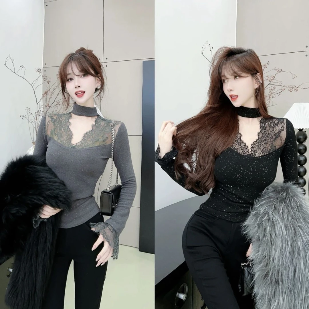 气质V领打底全身细闪2025秋冬新款设计感修身显瘦内搭拼接挂脖衫