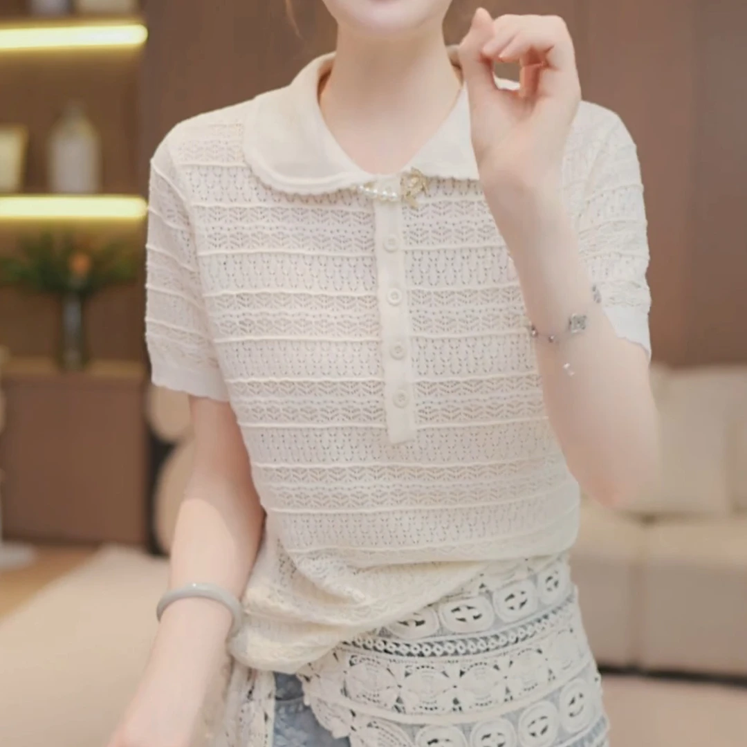 设计款娃娃领钩花镂空短袖针织衫女新款宽松薄款褶皱花边简约T恤