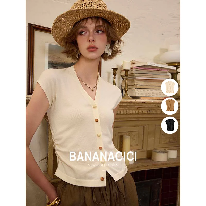 BANANA CICI2025年夏季新款复古手工木珠纽扣V领莱赛尔百搭针织衫