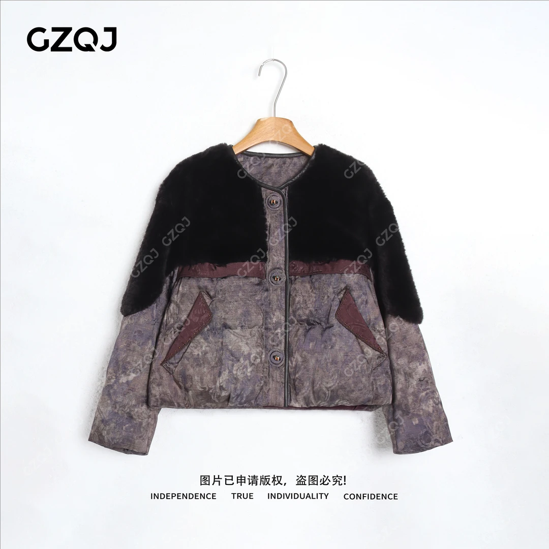 老琴私服【冬夜画廊】90白鹅绒中国风羽绒服皮毛一体外套女冬 08178