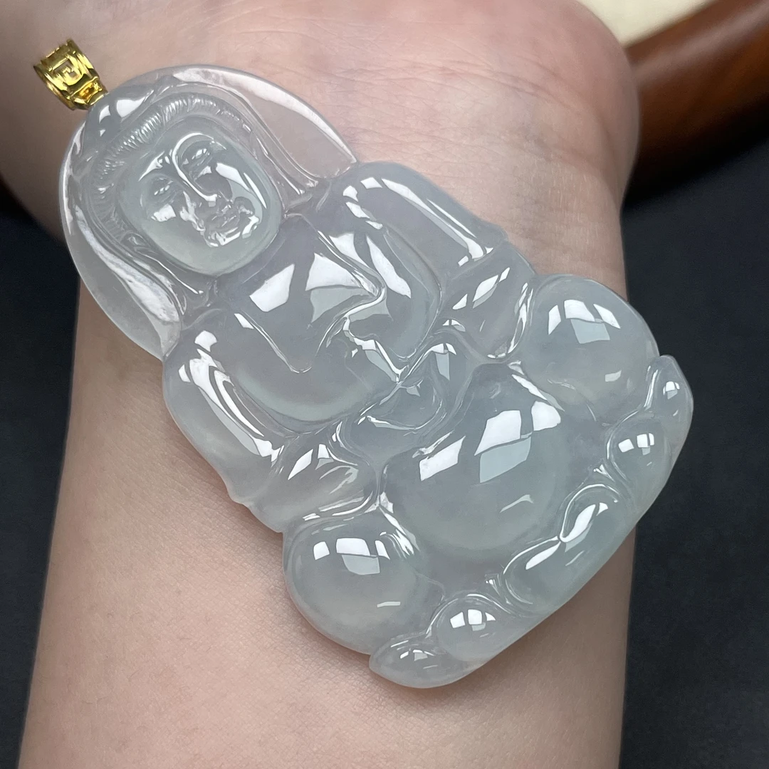 天然缅甸翡翠A货18k金镶嵌冰胶正装大观音玉质细腻油润玉吊坠