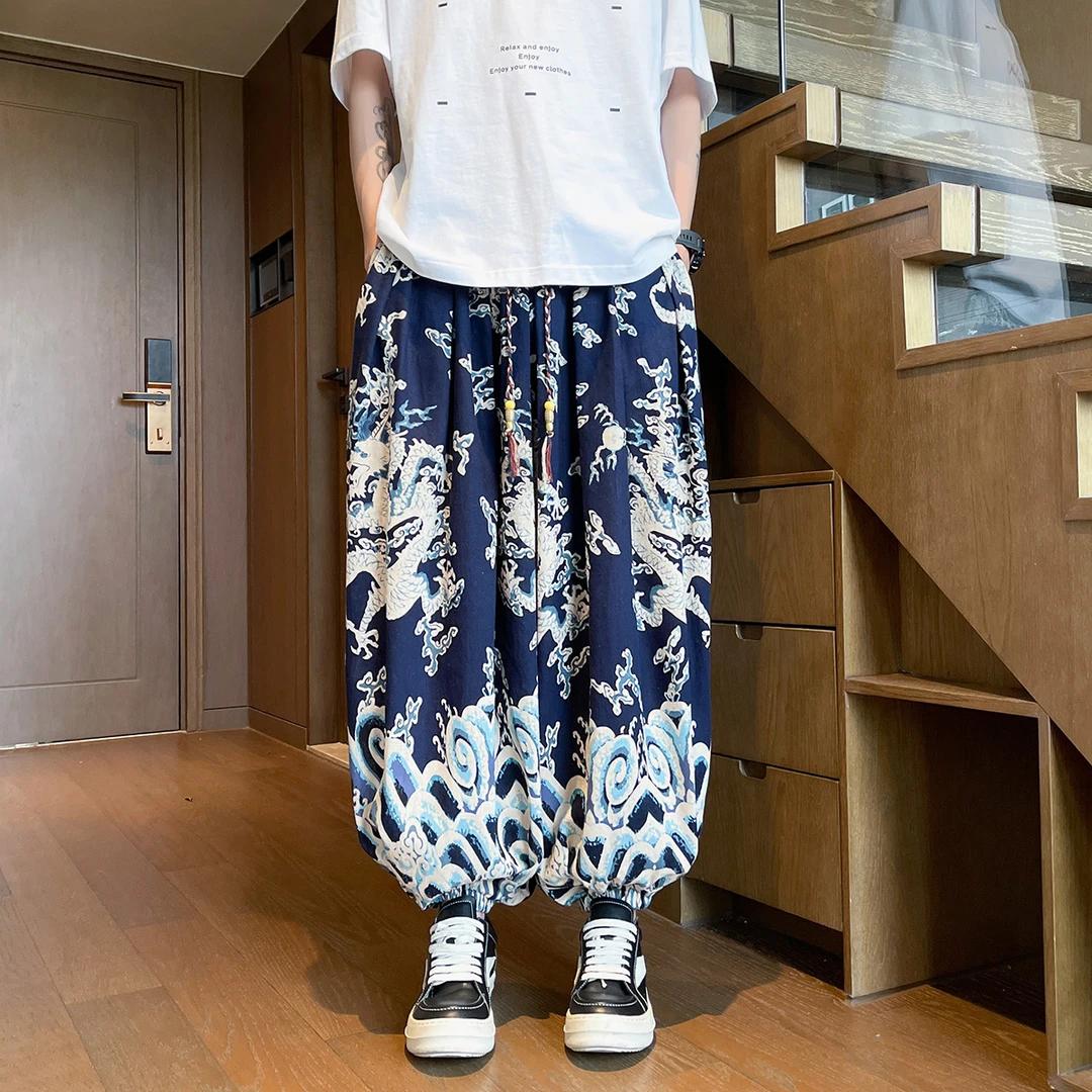 加大码胖子阔腿灯笼裤男中国风夏季休闲龙纹哈伦裤宽松潮牌运动裤