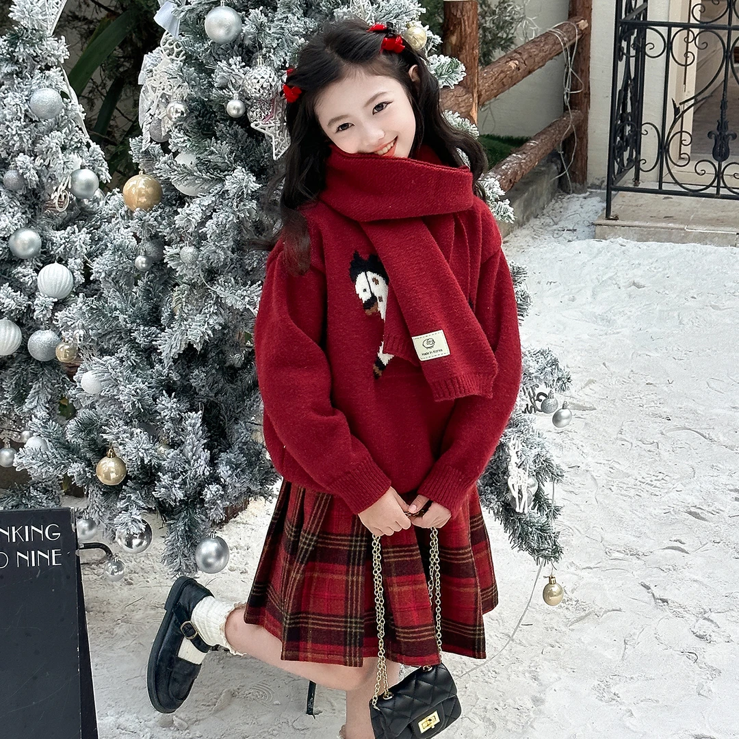 女童秋冬款加厚毛衣2026新款中大童冬装格子裙毛衣拜年服三件套潮