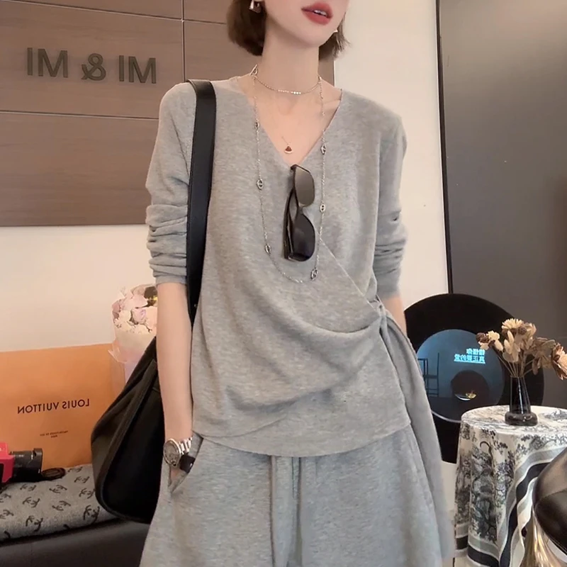 慵懒风薄款绑带长袖针织衫t恤女2025春秋新款收腰显瘦打底衫上衣