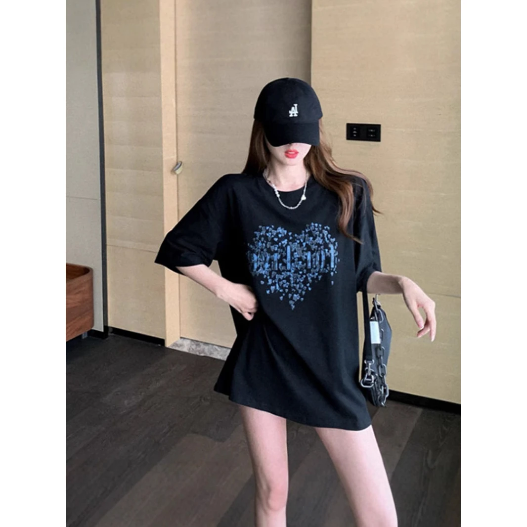 欧货下衣失踪大版黑色T恤女夏季爆款韩版宽松设计爱心印花短袖