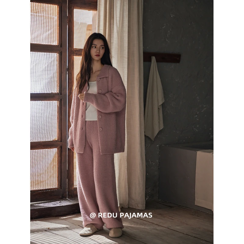 热妒半边绒睡衣女秋冬高级感粉色可外穿开衫时尚加厚家居服套装