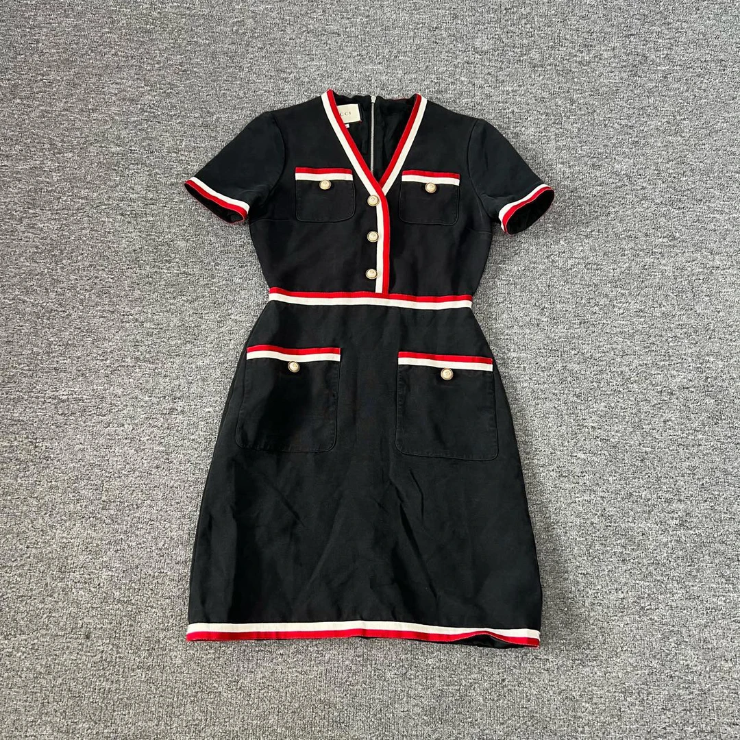 99新 GUCCI/古驰 小香风 双G纽扣 连衣裙 编织 红黑 36码