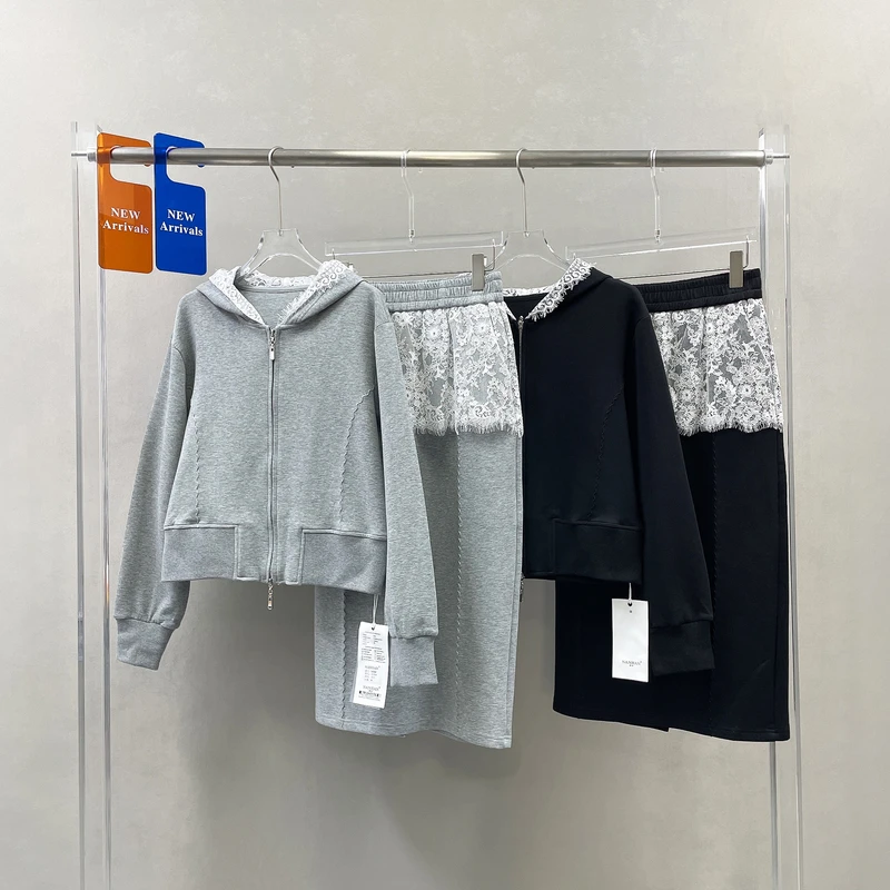NANHAN楠涵蕾丝拼接休闲套裙女春季新款连帽外套半身裙两件套9059
