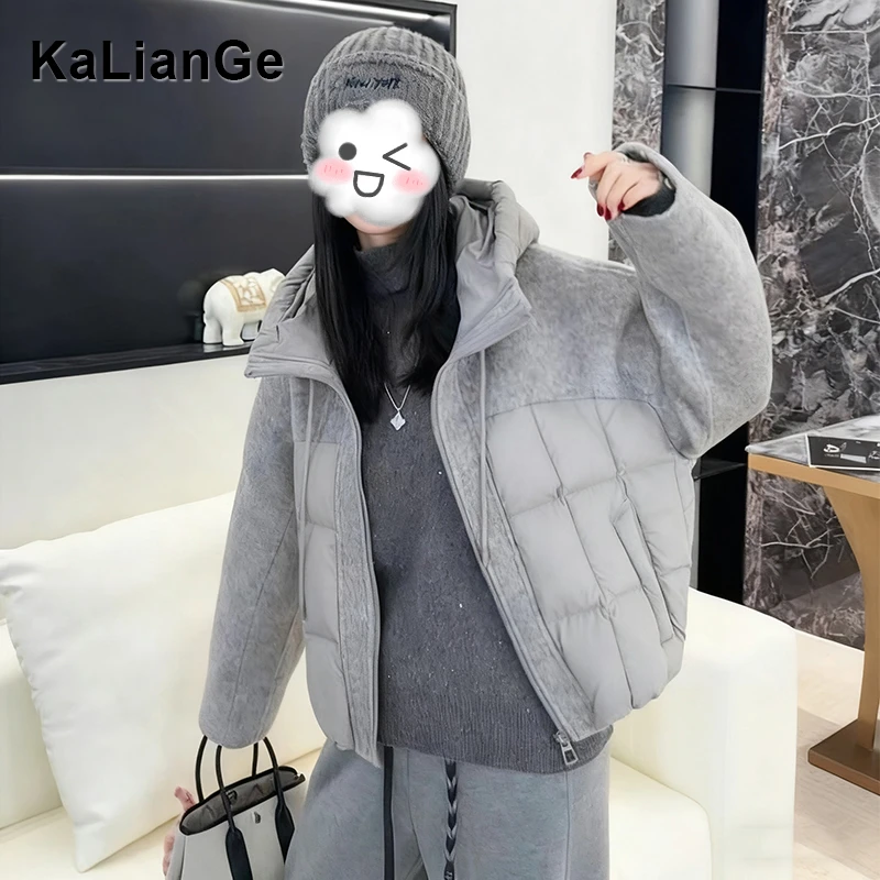 卡莲格/灰色高级感连帽拼接棉服外套女冬季小个子羽绒手塞棉棉衣