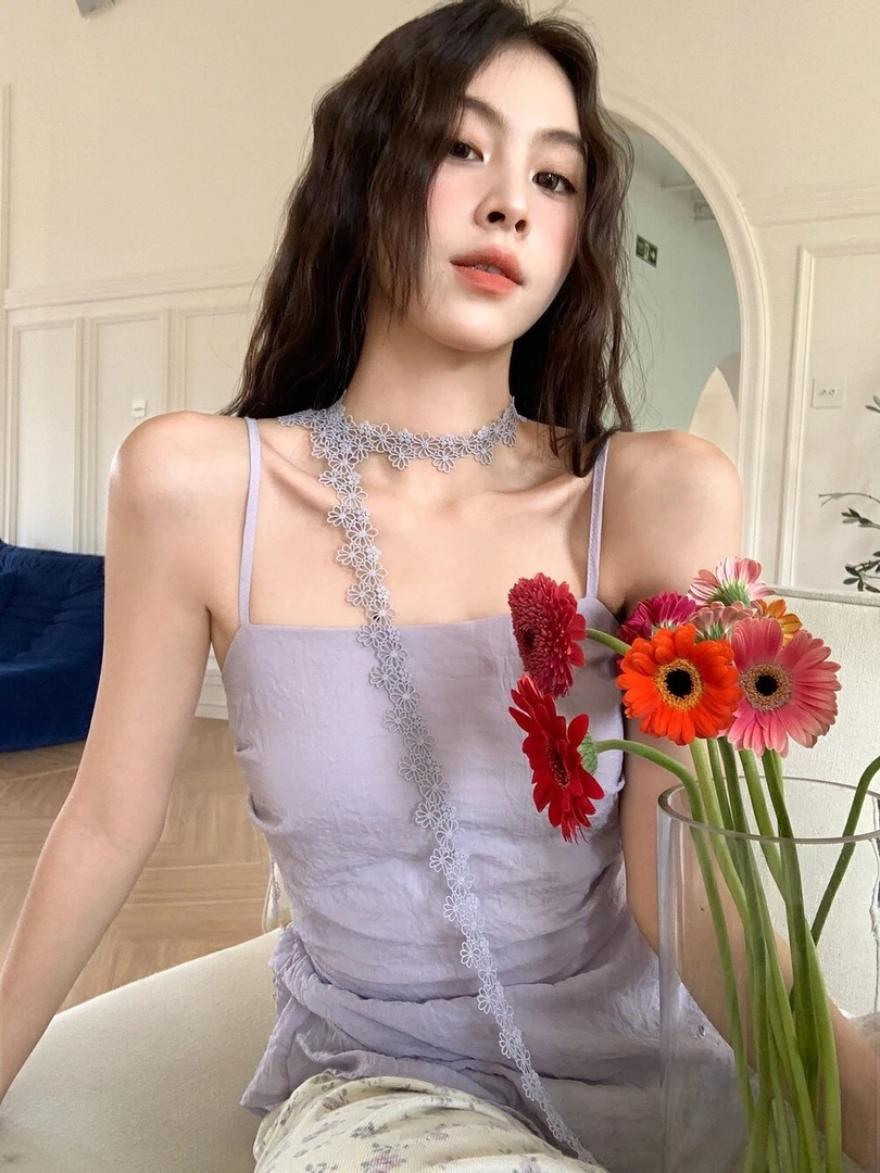 背心吊带套装女装设计感重工时尚修身小众夏季辣妹【配飘带】